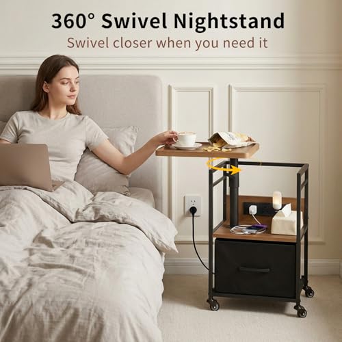 Small Bedside Table with Charging Station, Rolling Side Table with Wheels, Small Nightstand with Drawer Storage for Bedroom - Natural Wood with Tray - color: Natural Wood - Tray Style