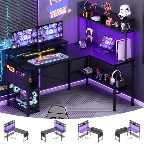 Aheaplus L Shaped Gaming Desk with Power Outlets & LED Lights, Small L- Shaped Desk Computer Corner Desk with Monitor Stand & Storage Shelf, Home Office Desk Writing Desk with Storage Bag, Black - color: Black