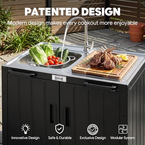 Feasto Outdoor Kitchen Island with Stainless Steel Sink and Storage Cabinet, 35-Inch BBQ Prep Station with Faucet & Lockable Wheels for Patio, Backyard, and Outdoor Cooking, Black & Silver - size: Outdoor Kitchen Sink Station