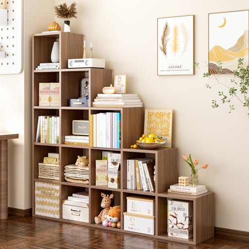 Ladder Cube Storage Bookcase, 15-Cube Corner Shelf, Walnut | Wooden L-Shaped, Reversible 5-Tier Organizer, Fits 11×11" Bins, For Home & Office - color: Walnut, size: 15-Cube