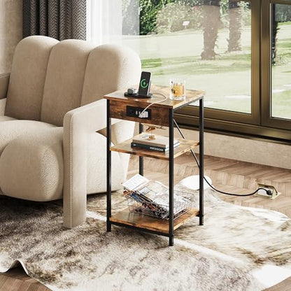 WLIVE End Table with Charging Station, Small Night Stand Rustic Brown | Side Tables with Storage Adjustable Shelf for Small Spaces; Bedside Tables for Living Room, Bedroom - color: Rustic Brown