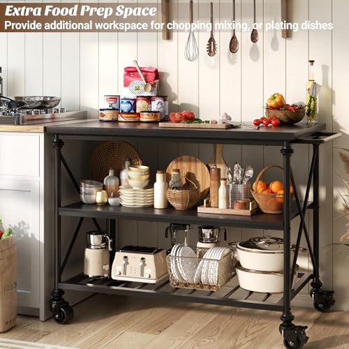 Homieasy Kitchen Island Cart with Wheels, 3-Tier Wood and Metal Rolling Kitchen Island Table with Pipe Legs, Storage Shelves & Lockable Casters for Kitchen Dining Room, Black - color: Black