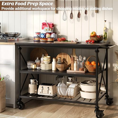 Homieasy Kitchen Island Cart with Wheels, 3-Tier Wood and Metal Rolling Kitchen Island Table with Pipe Legs, Storage Shelves & Lockable Casters for Kitchen Dining Room, Black - color: Black