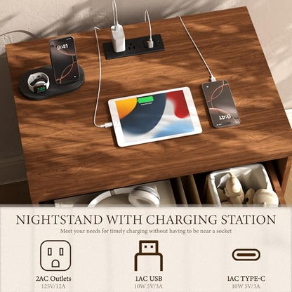 Fluted Nightstand with Charging Station, 2 Drawers, Walnut | Fluted nightstand with charging station, 2 drawers, arched fronts and a curved base - size: 1PCS