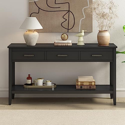 Merax Entryway Console Table with Storage, 3 Drawers Design/Wood Frame/Behind Couch & Sofa, Black - color: Black