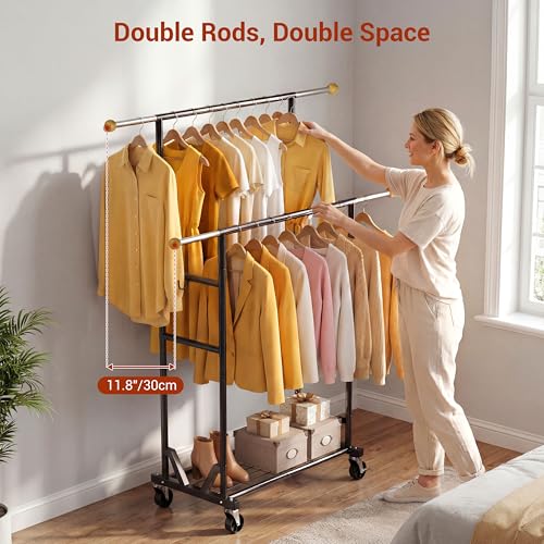 Rolling Garment Rack - Double Rod Clothes Rack with Lockable Casters, Mesh Storage Shelf & Anti-Slip Wooden Finials accented - Sleek Black Freestanding Closet Organizer for Coats, Dresses - color: 1-Tier (59.5 H")