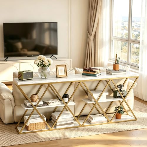 Garvee 3 Tier Console Table,39" Industrial Entryway Table,Open Wood Shelves | Sofa Table,Narrow Wood Accent Tables with Metal Frame for Hallway,Living Room,Behind Couch,Foyer,Entrance,White - color: White + X-shaped
