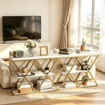 Garvee 3 Tier Console Table,39" Industrial Entryway Table,Open Wood Shelves | Sofa Table,Narrow Wood Accent Tables with Metal Frame for Hallway,Living Room,Behind Couch,Foyer,Entrance,White - color: White + X-shaped