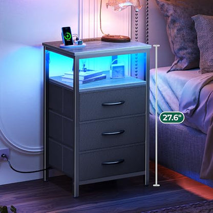 Huuger Night Stand with Charger Station and LED Lights, 3 Drawer Nightstand, Bed Side Table with Open Shelf, End Table, Tall Fabric Dresser for Bedroom, Grey - color: Grey, size: 11.8"D x 15.7"W x 27.6"H（3 Drawers）
