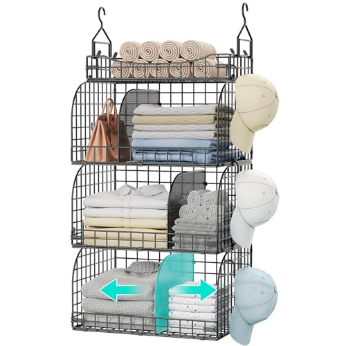 HapiRm Hanging Closet Organizer Storage - 4 Tier Metal Stackable Hanging Closet Shelves with Dividers and S Hooks, Foldable Clothes Shelves for Clothes, Pants, Shoes, Coat, Hats Clutches Accessories - color: Black, size: 4-Tier
