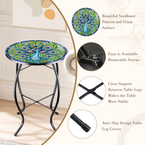 MUMTOP Outdoor Side Table - Small Mosaic Patio Tables, 14” Round Accent End Coffee Glass Plant Stand for Garden Living Room(Peacock) - color: G-peacock