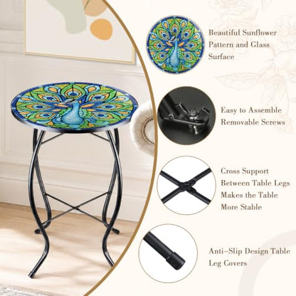 MUMTOP Outdoor Side Table - Small Mosaic Patio Tables, 14” Round Accent End Coffee Glass Plant Stand for Garden Living Room(Peacock) - color: G-peacock