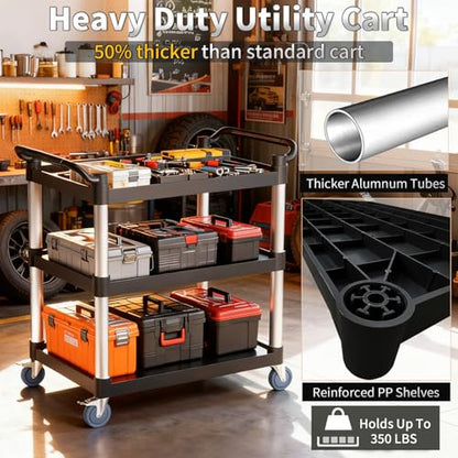 Utility Cart with Tangle-Free Wheels, 3 Tier Rolling Cart, Restaurant Cart | 2 with Brakes, Heavy Duty 350 Lbs Capacity,Commercial Serving Cart for Home, Office, Restaurant, Warehouse. - size: 34"×17"×38" M