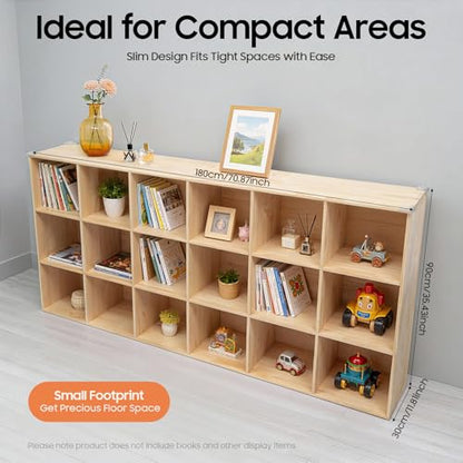 18-Cube Solid Wood Bookshelf, 3-Tier Storage Organizer Semi-Open Floor Display Shelf Closet Cabinet for Home Office Library School, 12" D x 71" W x 35" H - size: 18-Cube