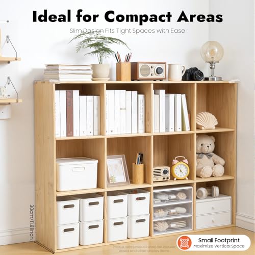 12-Cube Solid Wood Bookshelf, 3-Tier Storage Organizer Semi-Open Floor Display Shelf Closet Cabinet for Home Office Library School, 12" D x 47" W x 35" H - size: 12-Cube, 12"D x 47"W x 35"H