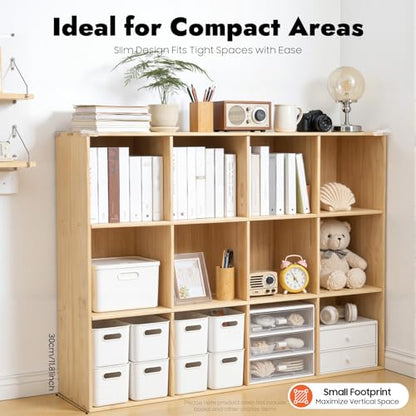 12-Cube Solid Wood Bookshelf, 3-Tier Storage Organizer Semi-Open Floor Display Shelf Closet Cabinet for Home Office Library School, 12" D x 47" W x 35" H - size: 12-Cube, 12"D x 47"W x 35"H