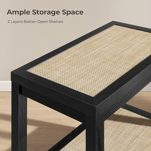 SICOTAS Rattan Nightstand Bedside Table - Farmhouse Boho Narrow Accent End Table with 2 Open Shelves for Bedroom, Living Room, Small Spaces - Black Oak - color: Black Oak, size: 1 Piece
