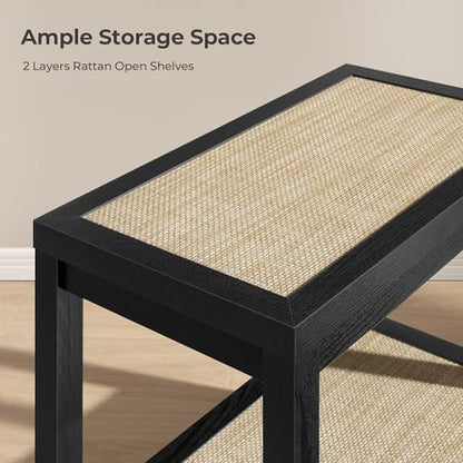 SICOTAS Rattan Nightstand Bedside Table - Farmhouse Boho Narrow Accent End Table with 2 Open Shelves for Bedroom, Living Room, Small Spaces - Black Oak - color: Black Oak, size: 1 Piece