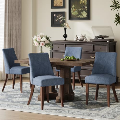 COLAMY Upholstered Dining Chairs Set of 4 with Wood Legs, Blue | Mid Century Kitchen Chairs with Back, Fabric Side Dining Room Chairs for Dining Room Restaurant - color: Blue, size: Set of 4