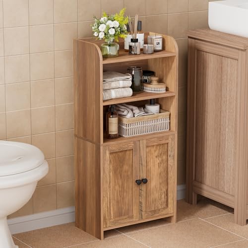 Homhedy Small Bathroom Storage Cabinet, Freestanding Toilet Paper Storage with 2 Doors and Shelves, Bathroom Organizers and Storage for Small Spaces, 7.9" D x 14.6" W x 31" H, Rustic Walnut - color: Rustic Walnut, size: 7.9"D x 14.6"W x 31"H