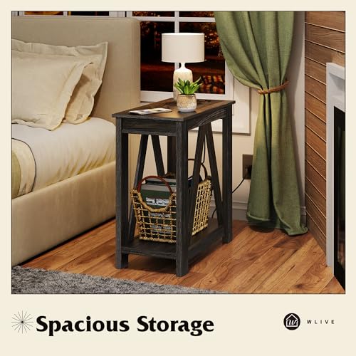 WLIVE Narrow Black End Table with Charging Station of Open Storage Shelf, Sofa Side Table with 2 USB Ports and 2 Power Outlets, Slim Farmhouse End Table for Small Spaces, 11.8" D x 23.6" W x 23.74" H - color: Charcoal Black