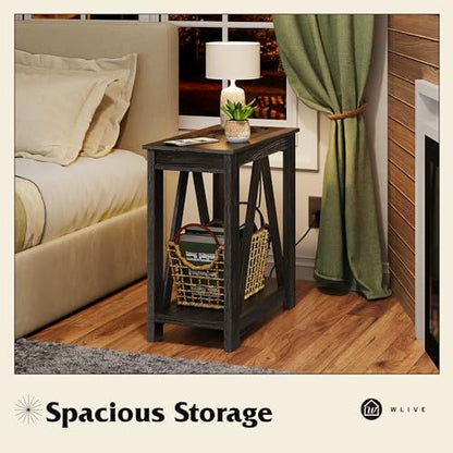 WLIVE Narrow Black End Table with Charging Station of Open Storage Shelf, Sofa Side Table with 2 USB Ports and 2 Power Outlets, Slim Farmhouse End Table for Small Spaces, 11.8" D x 23.6" W x 23.74" H - color: Charcoal Black