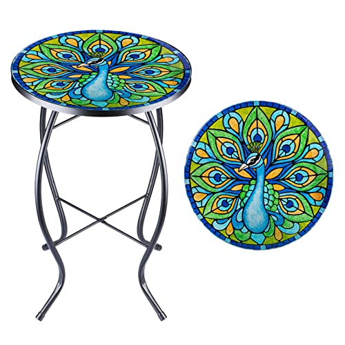 VCUTEKA Patio Side Table Outdoor Accent Table Bistro Coffee Table Plant End Table Small Porch Table Indoor Round Glass Balcony Plant Table Stands Peacock - color: Peacock