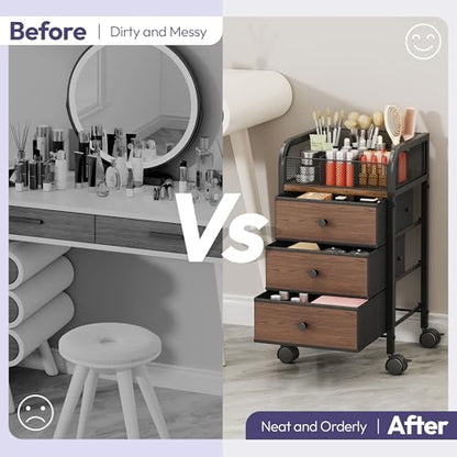 SWTYMIKI Rolling Makeup Organizer Cart - Under Desk Vanity Makeup Storage with 3 Non-woven Drawers, Nail Cart Organizer Cosmetic Display Cases Cabinet for Skin Care Perfume Nail Polish Brush Hair Tool