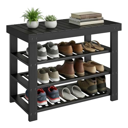 SONGMICS Shoe Rack Bench, 4 Tier Bamboo Shoe Storage Organizer, Entryway Bench, for Living Room, Bathroom, Bedroom, 11.3 x 27.6 x 20.5 Inches, Ink Black ULBS370BH01 - color: Ink Black, size: 11.3"D x 27.6"W x 20.5"H, style: Without Cushion