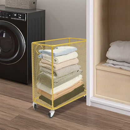 Wire Metal Rolling Laundry Basket On Wheels,Gold Mesh Wire Laundry Basket Storage Cart for Bathroom Bedroom Dirty Clothes Storage (I) - size: I