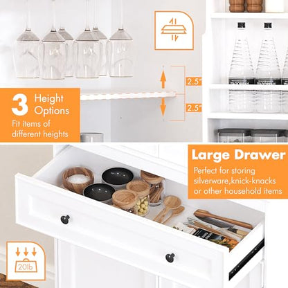 Spirich 71-Inch Tall Kitchen Pantry Cabinet with 2 Slide-Out Racks, White | Large Center Drawer, 6 Built-In Door Shelves, Stemware Rack, 1 Adjustable Shelf, Water-Based Finish, FSC-Certified Wood