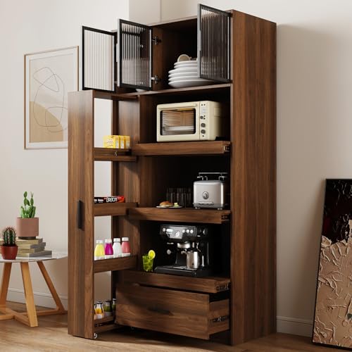70.87" Tall Kitchen Pantry Storage Cabinet with Pull-Out Shelf, Glass Doors, 2 Drawers & Side Shelves, Freestanding Wood Hutch Cupboard with Microwave Stand for Dining Room, Coffee Bar, Walnut - color: 04 Walnut