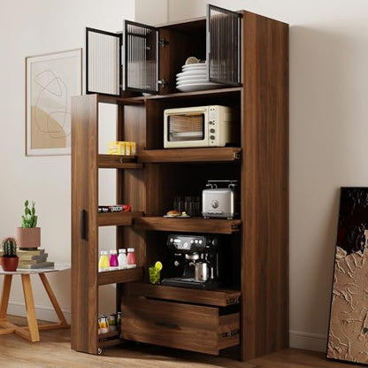 70.87" Tall Kitchen Pantry Storage Cabinet with Pull-Out Shelf, Glass Doors, 2 Drawers & Side Shelves, Freestanding Wood Hutch Cupboard with Microwave Stand for Dining Room, Coffee Bar, Walnut - color: 04 Walnut