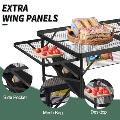 WildFinder Folding Table with 2 Wing Panels, 3x2 FT Camping Table with Mesh Desktop,Height Adjustable Folding Grill Table with Mesh Bag,Portable Outdoor Table for Picnic,Camping,BBQ,Beach(Black) - size: 3x2FT with 2 Panels