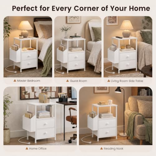 MALOL Night Stand with Charging Station & Led Light Strip, Bedside Table with Open Shelf & 2 Fabric Drawers and Reversible Side Storage Pocket, Modern End Table Bedroom,Living Room,White - color: White, size: Set of 1
