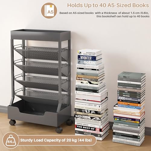 UMDONX Modern Mobile Single-Sided Metal Book Cart | Features A Metal Top Panel, A Base, and Clip-in Shelves; Suitable for Home, Office, and Classroom - color: Gunmetal Gray