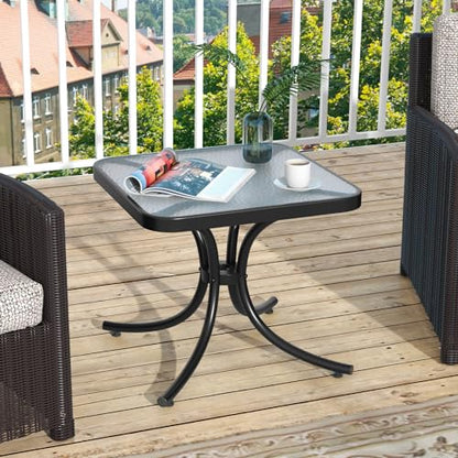 Giantex Small Outdoor Side Table with Tempered Glass Top, Heavy-Duty Metal Frame, 110 Lbs Capacity, Square Patio Table for Balcony, Porch, Backyard, Deck, Black