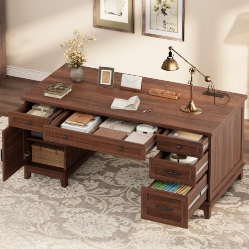 Garvee 60" Wooden Home Office Desk with File Drawers, Executive Desk with Adjustable Cabinet, Farmhouse Wood Desk with Power Outlet, Distressed Study and Work Table, Rustic Brown - color: Rustic Brown, size: 60" W