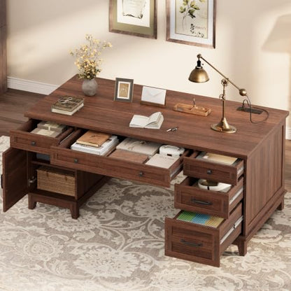 Garvee 60" Wooden Home Office Desk with File Drawers, Executive Desk with Adjustable Cabinet, Farmhouse Wood Desk with Power Outlet, Distressed Study and Work Table, Rustic Brown - color: Rustic Brown, size: 60" W