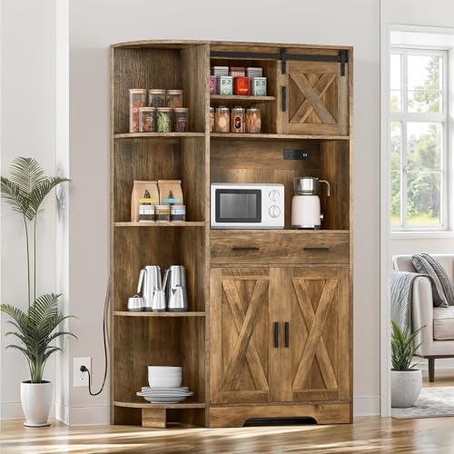 DWVO 67.3" Farmhouse Pantry with Power Outlet & Barn Door, Rustic Brown | Baker Rack Hutch Buffet Sideboard with Drawer, Microwave Stand for Dining Room - color: Rustic Brown