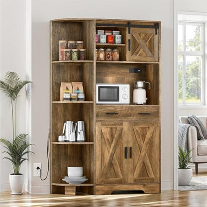 DWVO 67.3" Farmhouse Pantry with Power Outlet & Barn Door, Rustic Brown | Baker Rack Hutch Buffet Sideboard with Drawer, Microwave Stand for Dining Room - color: Rustic Brown