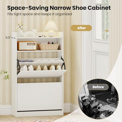 Giantex Shoe Cabinet with 2 Flip Drawers, Freestanding Narrow Shoe Organizer Cabinet with 2 Open Shelves, Slim Shoe Storage Cabinet for Entryway, Hallway, Foyer, White