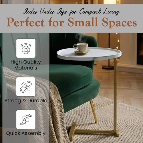 Kings Brand C-Shaped Side End Table, Sofa Snack Table, Gold & White | Convenient C-Shaped Table – Slides Under Sofas, Chairs, Beds to Keep Coffee, Snacks, Laptops, Books, & Essentials w/in Reach - color: White