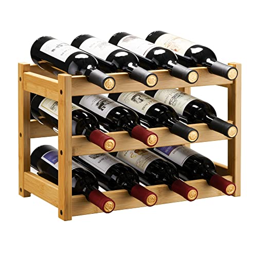 VASMIA Bamboo Wine Rack, Sturdy and Durable Wine Storage Cabinet Shelf, Wine Racks Countertop for Pantry,Kitchen,3-Tier 12 Bottles Wine Rack Natural - color: Natural, size: 3 Tiers