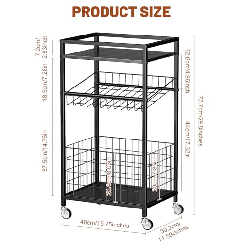 Fruit Vegetable Cart, 3-Tier Snack Cart on Wheels & Wood Top, Black | Vegetable Rack For Kitchen, Kitchen Cart Organizer for Fruit, Vegetables, Potato, Snack - color: Black, style: 3-Tier