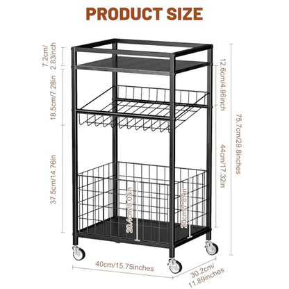 Fruit Vegetable Cart, 3-Tier Snack Cart on Wheels & Wood Top, Black | Vegetable Rack For Kitchen, Kitchen Cart Organizer for Fruit, Vegetables, Potato, Snack - color: Black, style: 3-Tier
