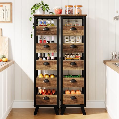 Tribesigns Wood Fruit and Vegetable Storage Rack, 5-Tier Narrow Snack Stand Kitchen Stand Fruit Basket, Pull-Out Utility Organizer for Kitchen, Living Room, Rustic Brown - color: Rustic Brown