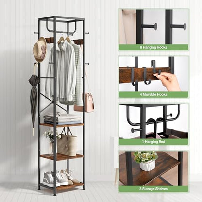 ELYKEN Coat Rack Freestanding, Hall Tree with 3 Storage Shelves and 12 Hooks, Industrial Clothes Rack Stand Organizer for Bedroom, Hallway, Entryway, Office, Living Room, Rustic Brown - color: Rustic Brown