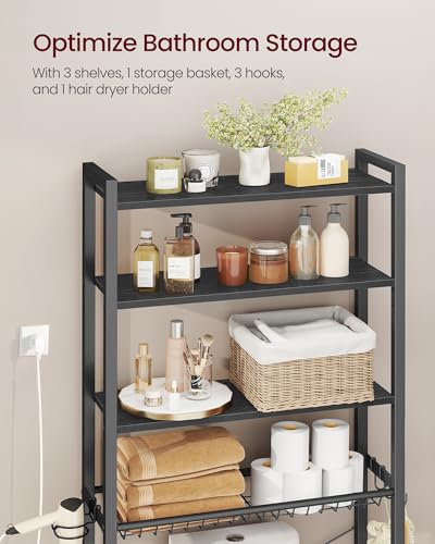 VASAGLE BARNET Collection - Over the Toilet Storage, Over Toilet Bathroom Organizer with Adjustable Shelves and Basket, 3 Hooks, Space Saving, 9.4 x 23.6 x 68.1 Inches, Ebony Black UBTS114BE01S - color: Ebony Black, style: 4 Tiers (68.1" H)