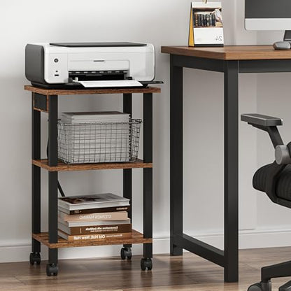 TUTOTAK Printer Stand, 3 Tier Rolling Printer Cart with Charging Station | Small Under Desk Printer Table with Wheels for Small Space, Office, Home, Brown PS02BB001 - color: Brown, size: 3 tier(15.7 x 11.8 x 23.6inchs)